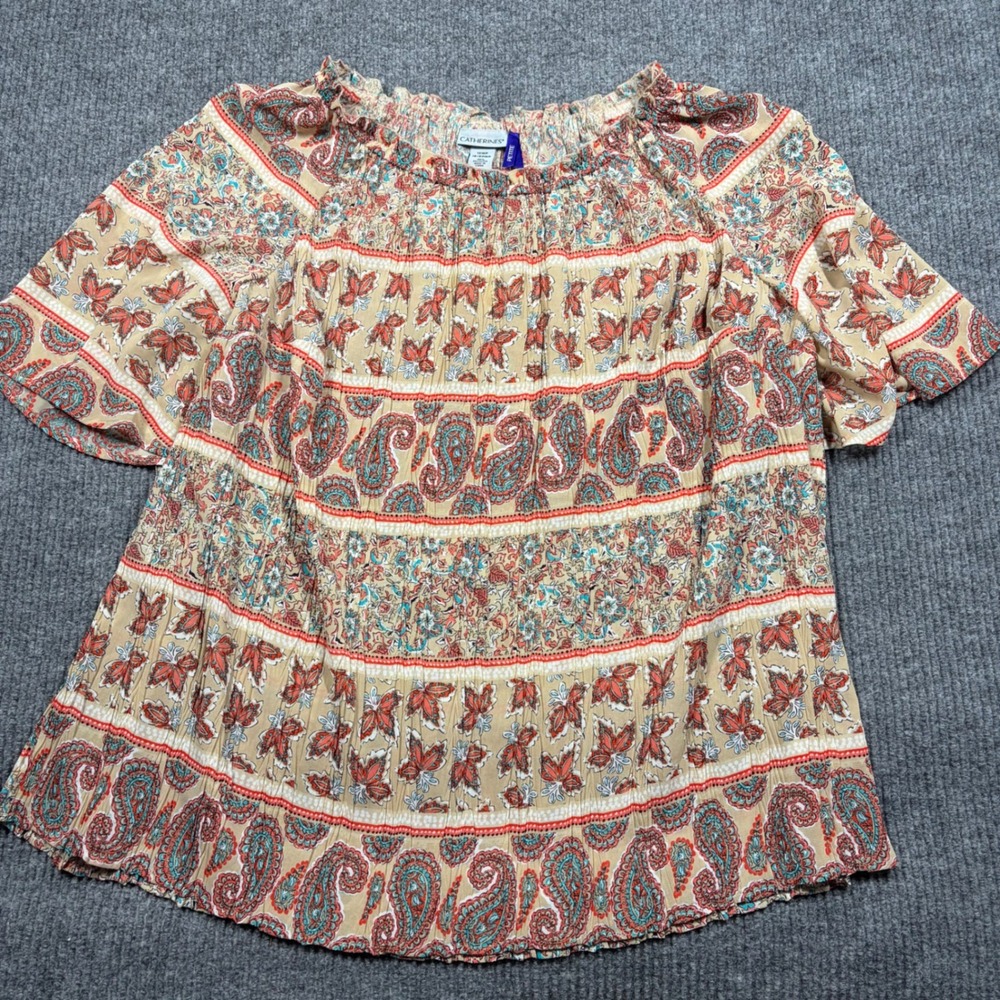 Catherines Blouse Womens 1XWP 18/20WP Petite Paisley Floral Pleated Tan Multi